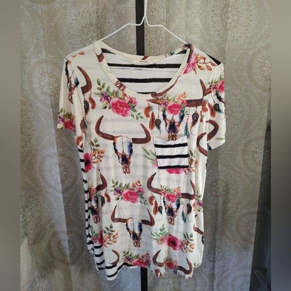 Twenty Ten Cow Skull Rose Stripe Top